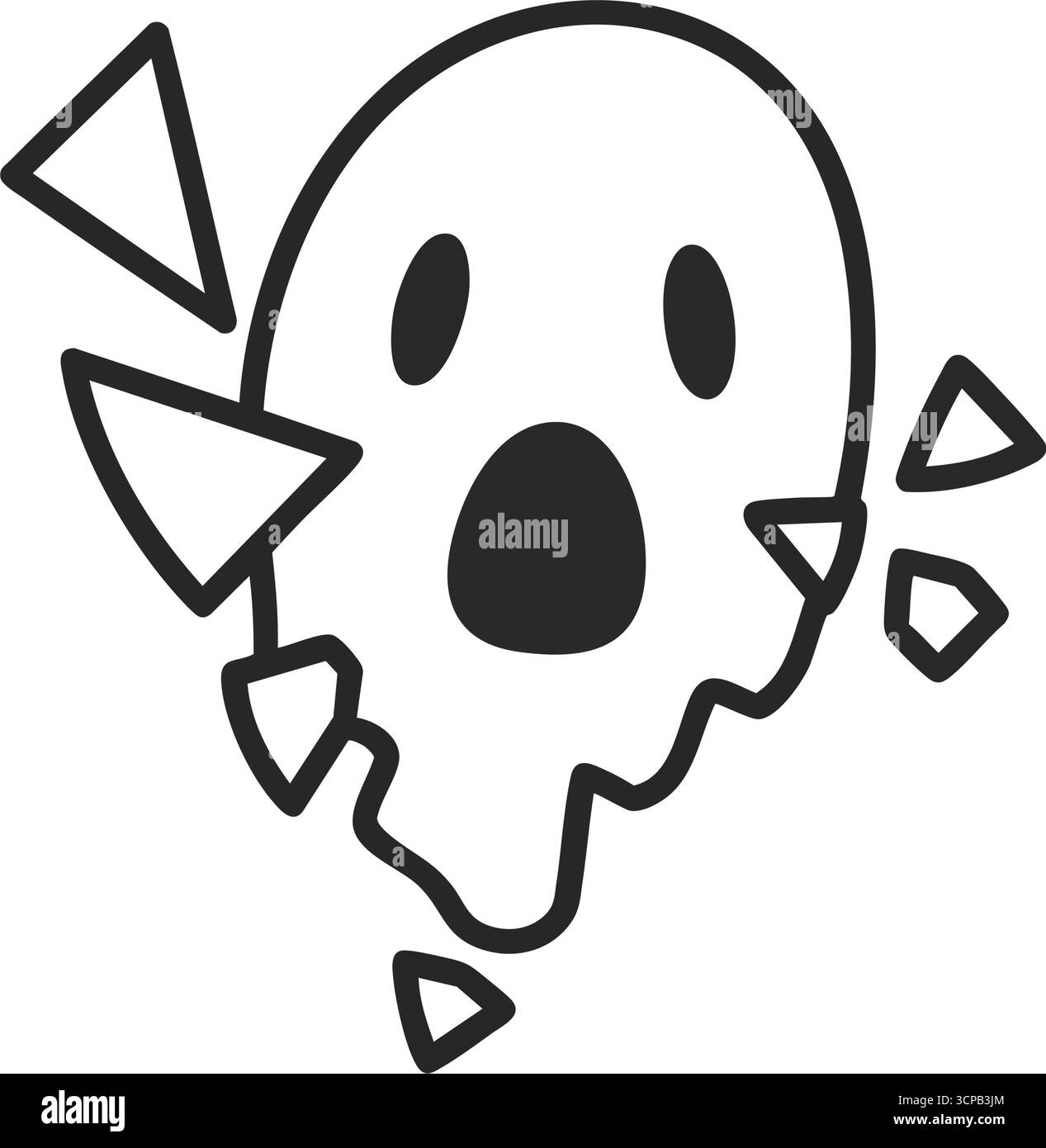 Shattering Ghost Character. Adorabile figura spettrale in monocromia, che si dissolve in frammenti geometrici. Questa immagine trasmette un senso di sorpresa, malfu Illustrazione Vettoriale
