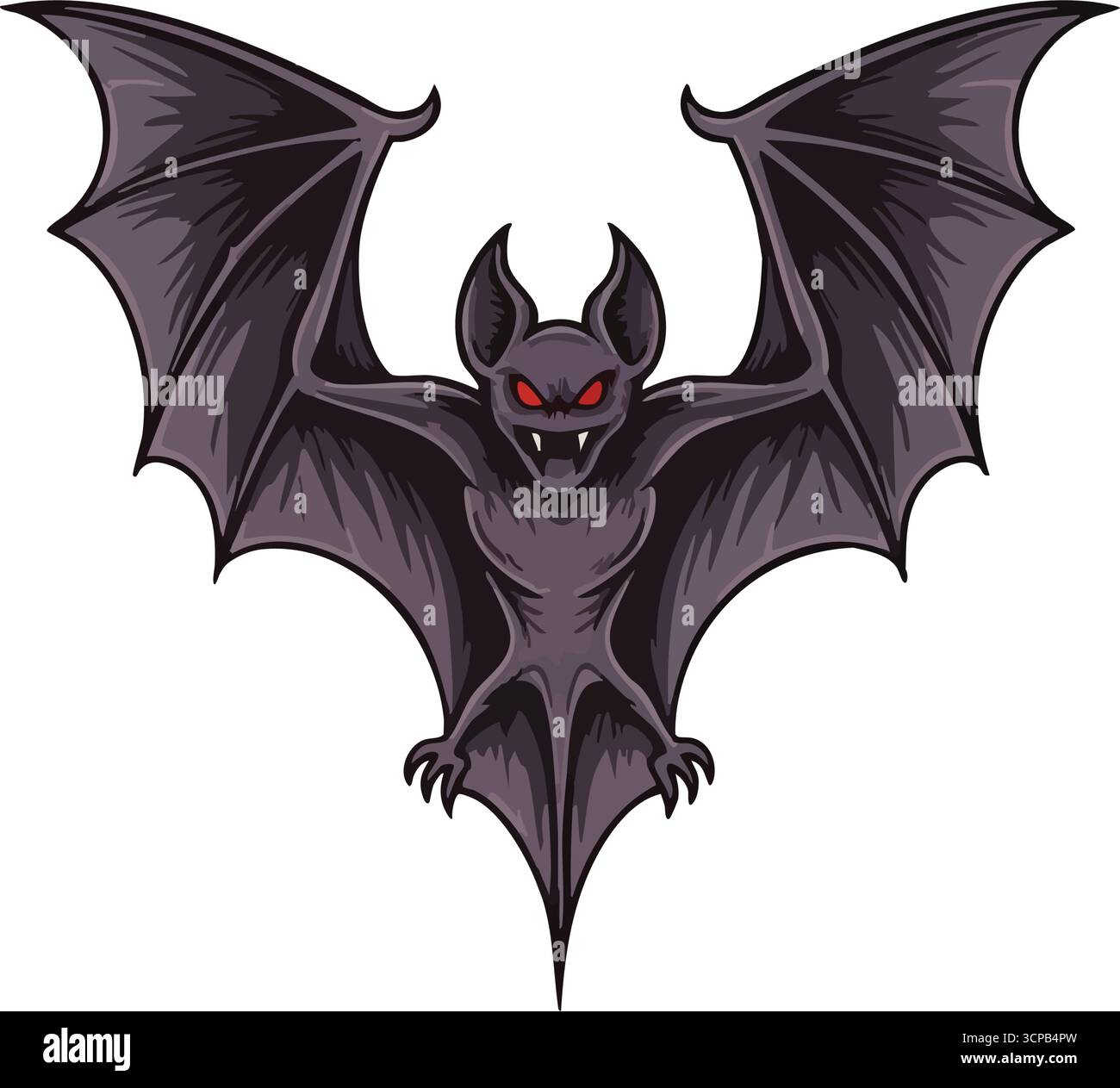 Spaventosa creatura di Halloween Bat. Questo spaventoso mammifero volante mostra occhi rossi piercing e zanne taglienti, incarnando un'atmosfera spaventosa. Perfetto per la mia Illustrazione Vettoriale