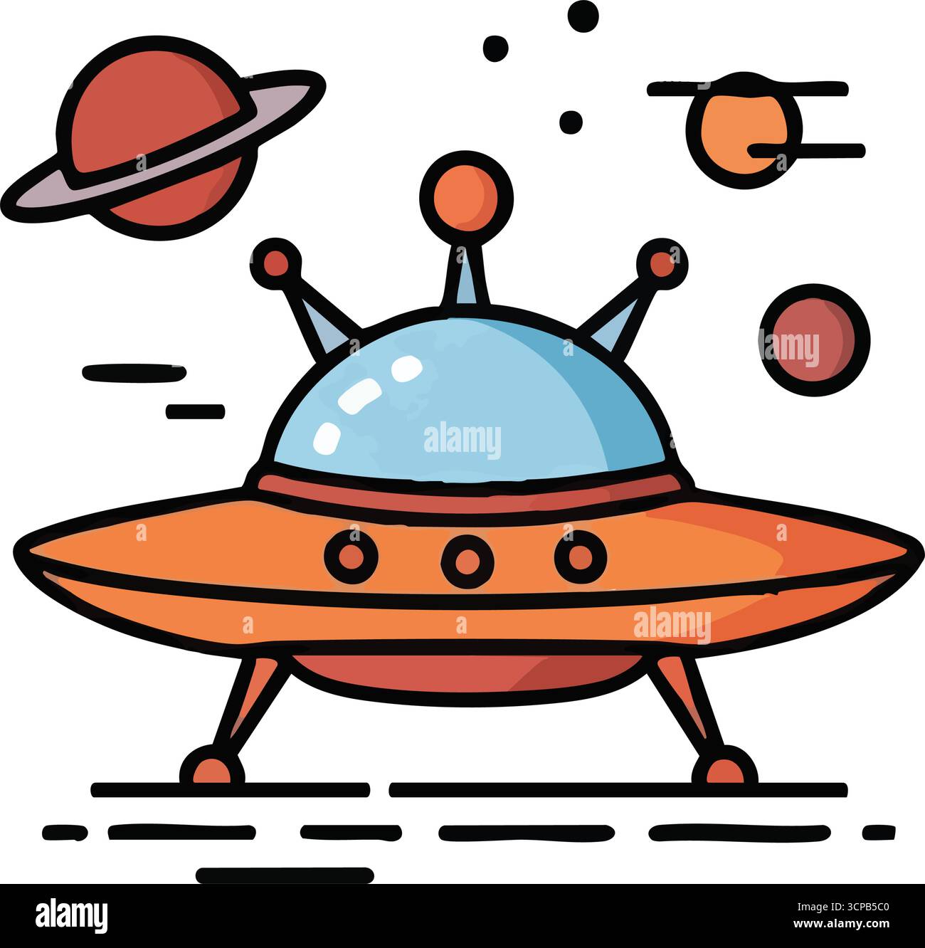 Stravagante veicolo spaziale Cartoon. Una vivace nave aliena in un ambiente cosmico giocoso. Questa deliziosa illustrazione evoca la meraviglia dell'infanzia e l'eccitazione Illustrazione Vettoriale