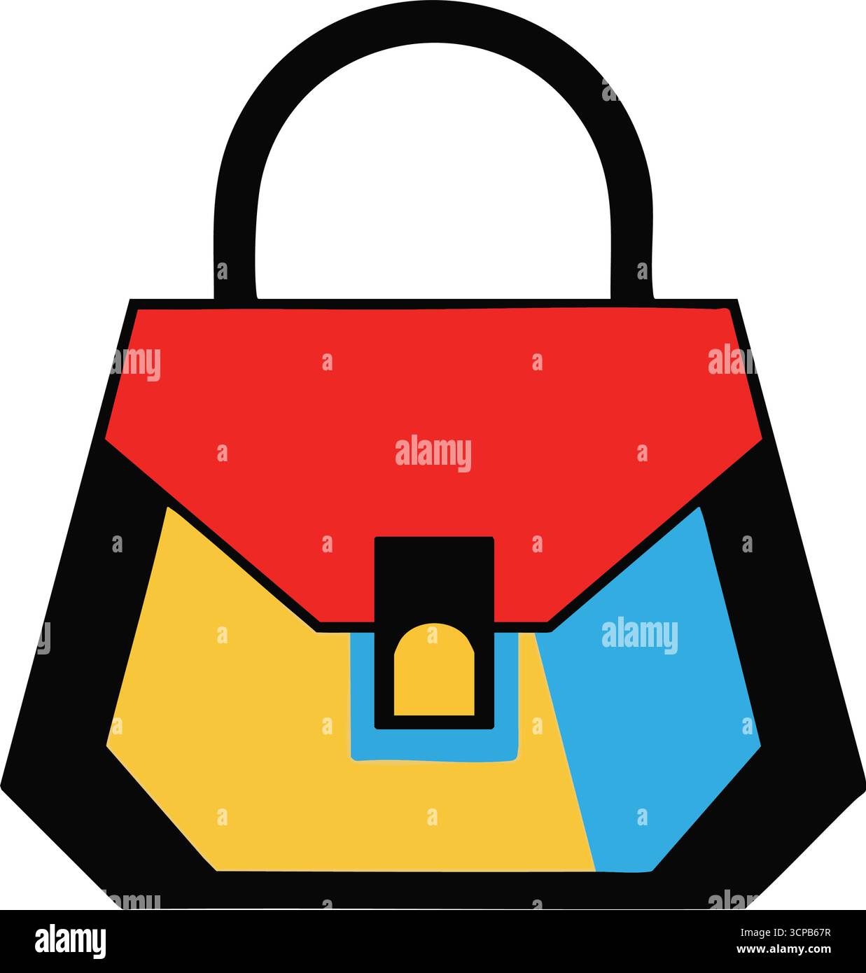 Elegante design astratto della borsa. Una vivace borsa da donna dal design minimalista che sfoggia audaci forme geometriche in rosso, giallo e blu. Simboleggia Illustrazione Vettoriale