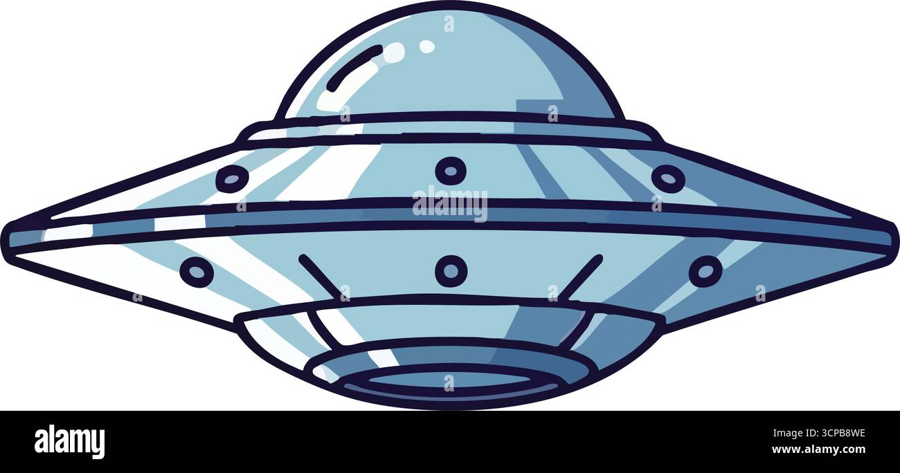Stravagante nave spaziale Flying Saucer. Questa opera d'arte di vasi cosmici stilizzati incarna la meraviglia dell'esistenza extraterrestre e dell'esplorazione futura. Su Illustrazione Vettoriale