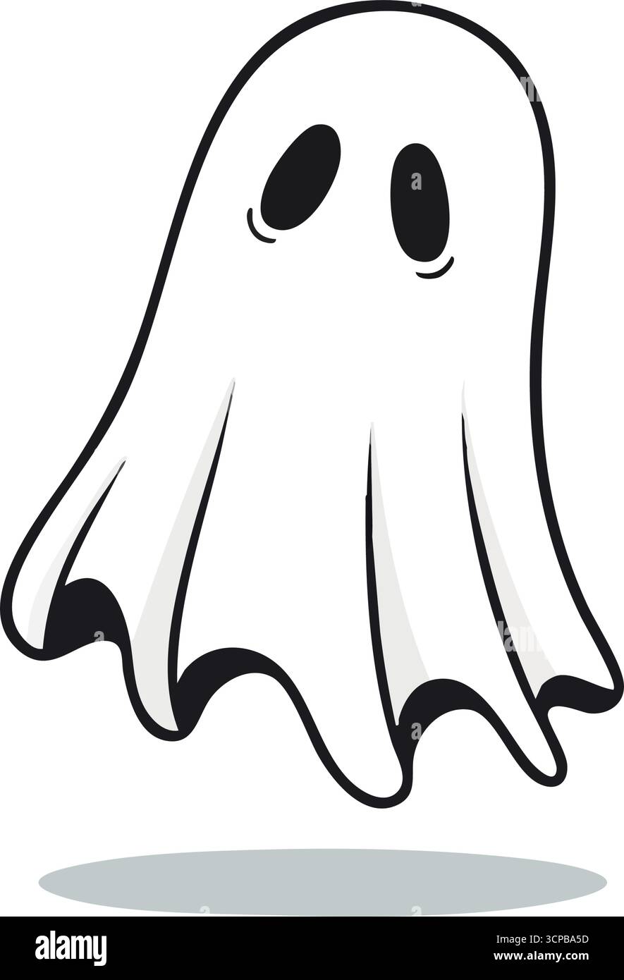 Simpatica illustrazione fantasma di Cartoon. Un amichevole spettro bianco si libra su uno sfondo scuro, ideale per le creazioni della stagione spaventosa. Il suo design semplice e dolce evoca Illustrazione Vettoriale