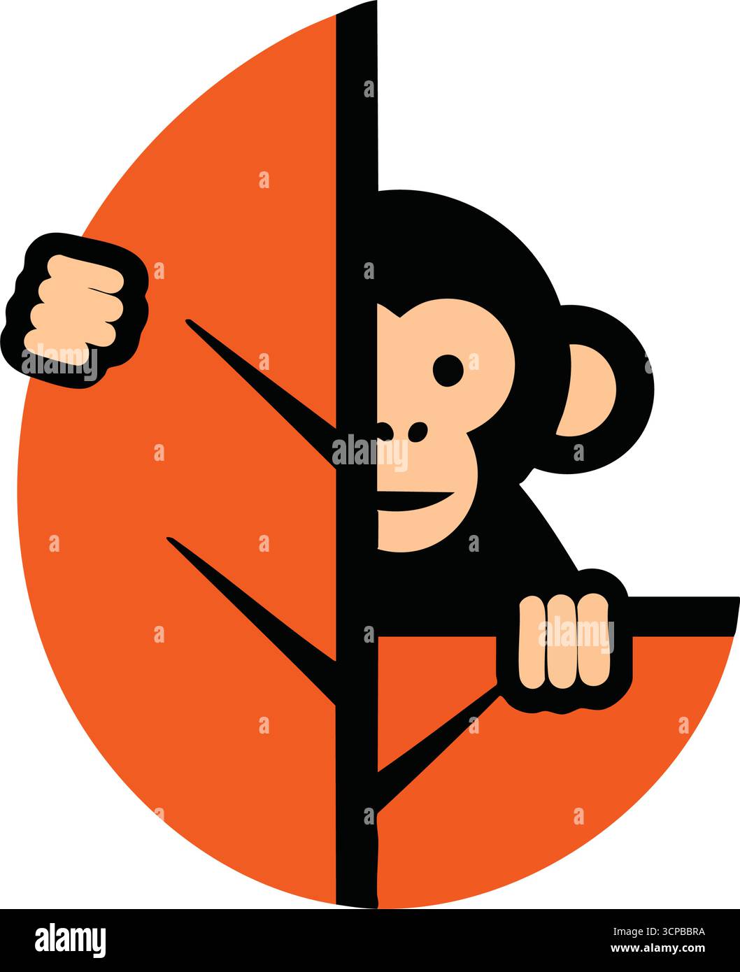 Curious Monkey Peeking Behind Leaf. Illustrazione minimalista di un allegro primate che osserva da dietro una pianta di arancio stilizzata. Rappresenta l'ex naturale Illustrazione Vettoriale