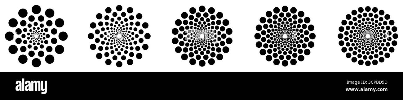 Set di piccoli cerchi irradiati dal centro formando un oggetto rotondo più grande, versione con 12 - 24 raggi Illustrazione Vettoriale