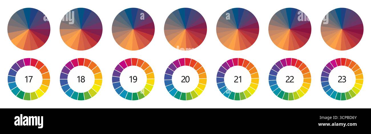La forma circolare divisa in segmenti colorati, versione da 17 a 23 parti, può essere utilizzata come elemento infografico Illustrazione Vettoriale
