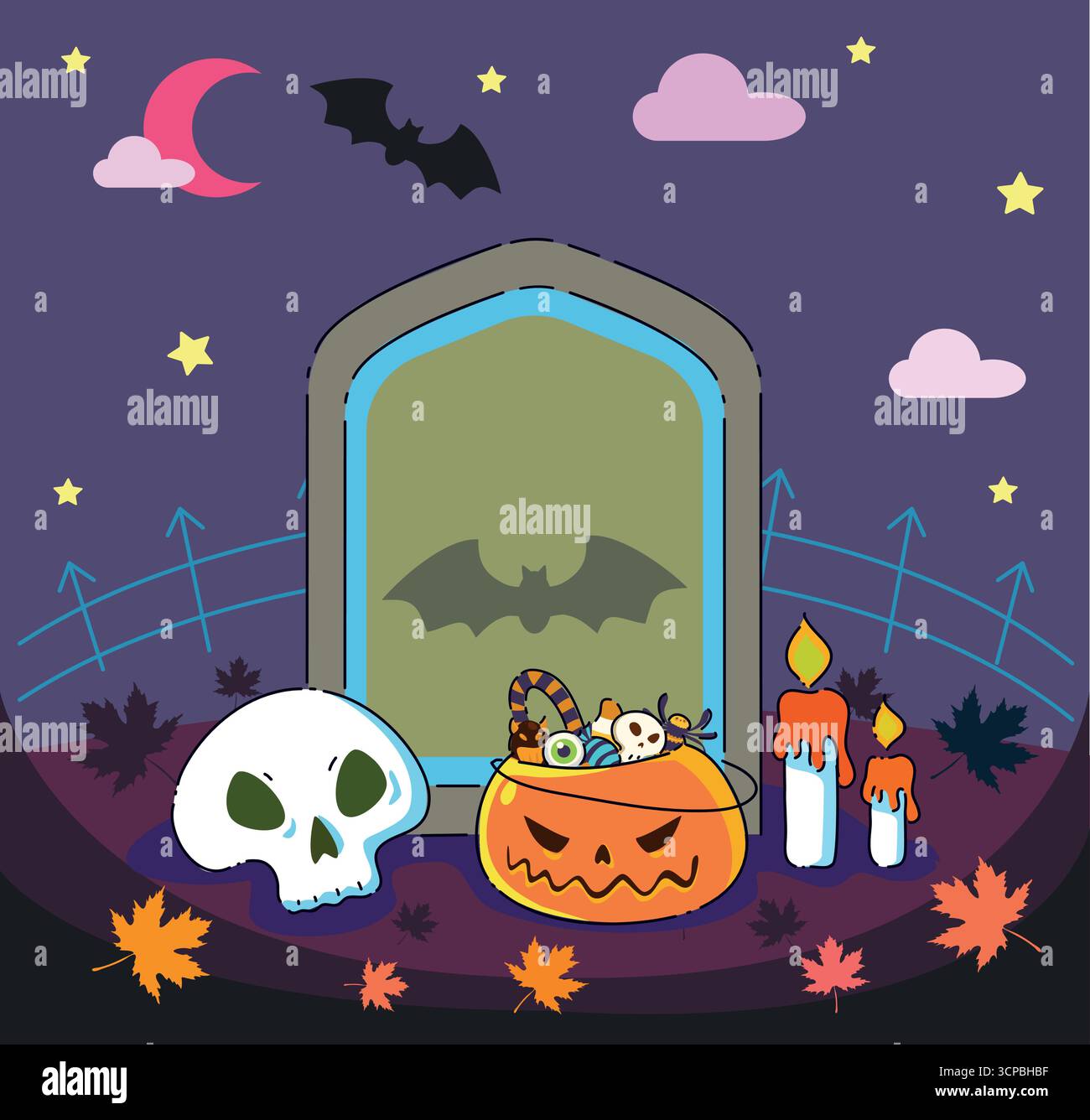 Una scena di Halloween spettrale con una zucca, un teschio e candele luminose per un'atmosfera unica Illustrazione Vettoriale