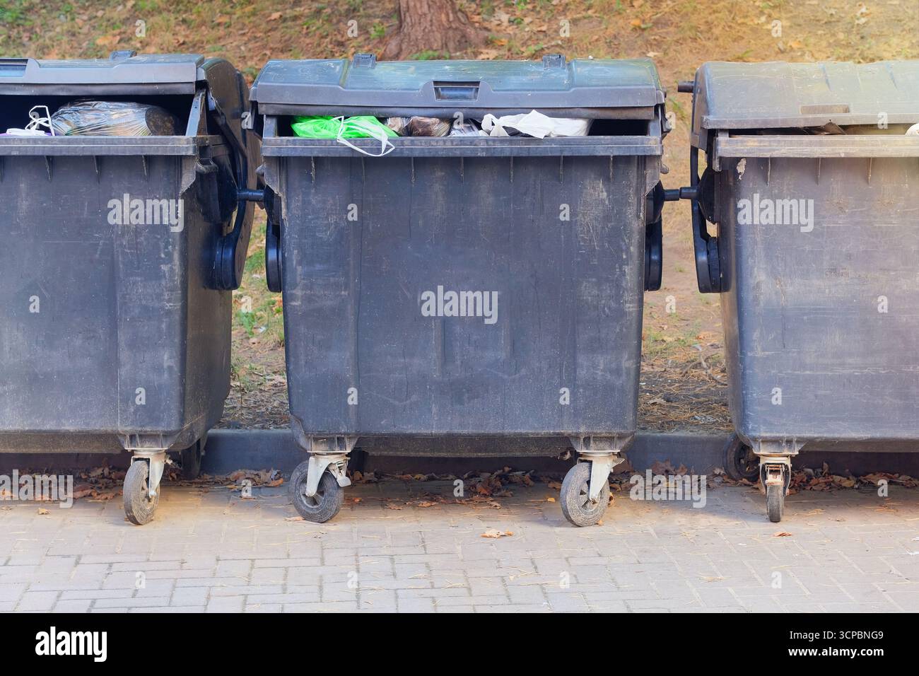 Bidoni della spazzatura. Cassonetti pieni di spazzatura. Spazzatura, rifiuti, spazzatura. Foto Stock