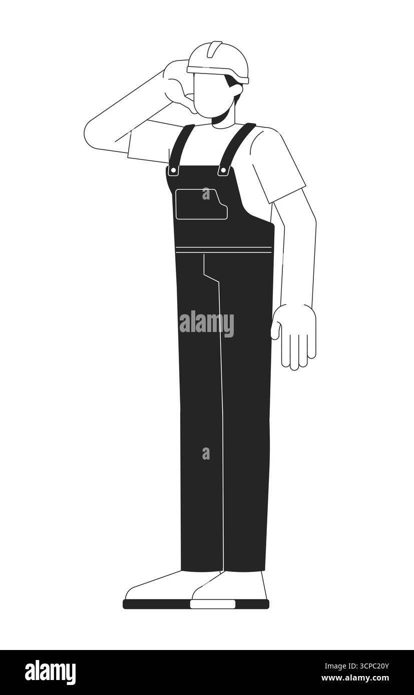 Operaio edile senza volto in uniforme e con elmetto che graffiano la testa del personaggio della linea 2D. Illustrazione Vettoriale