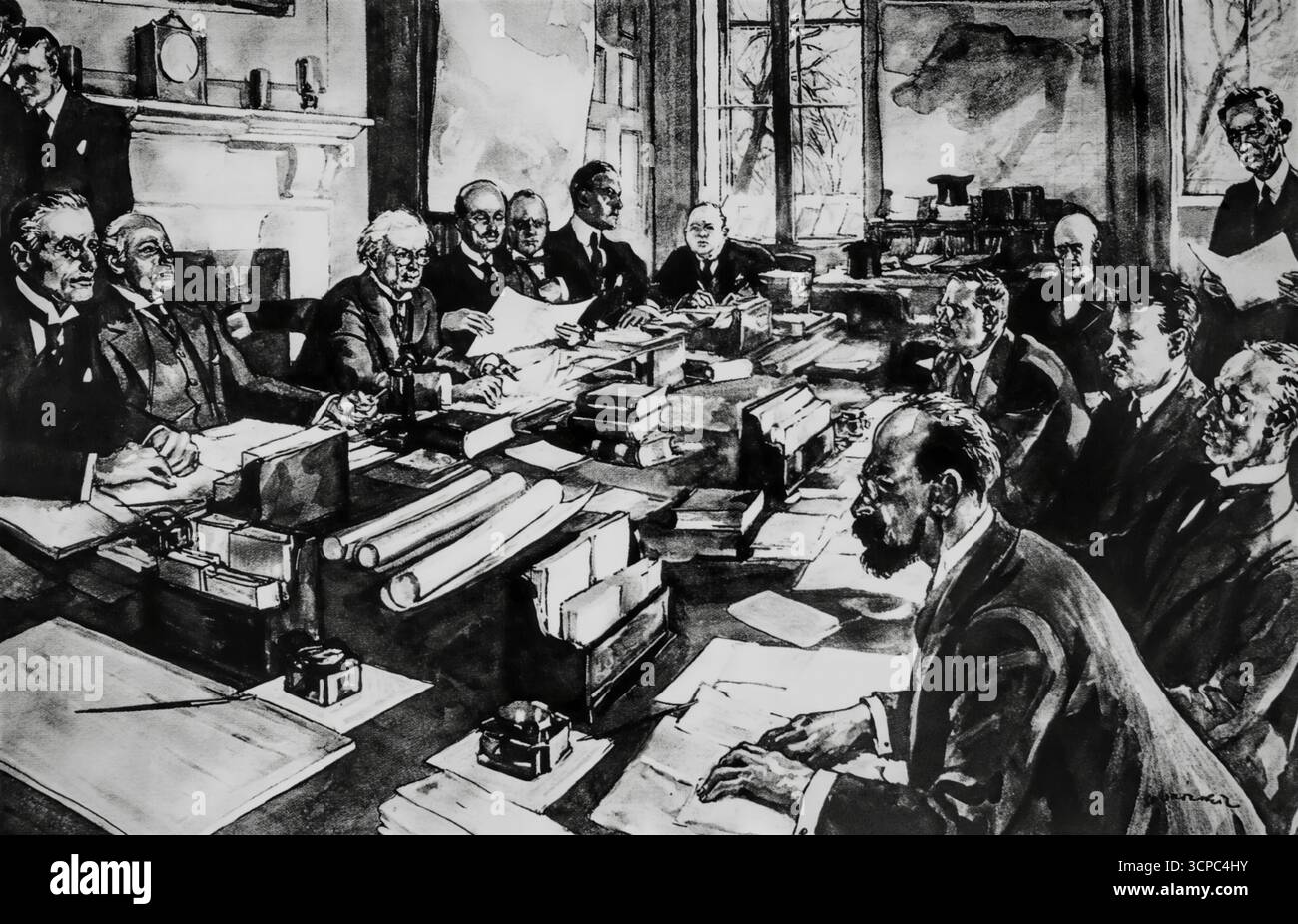 Il trattato parla nella stanza del gabinetto di No 10 Downing Street a Londra. Sulla sinistra c'è la squadra britannica, tra cui Lloyd George e Winston Churchill. A destra sono Michael Collins e Arthur Griffith, che hanno guidato la delegazione irlandese. Il coraggio e l'abilità di Griffith hanno impressionato enormemente i rappresentanti britannici. Per quanto riguarda il Trattato, egli stesso si è impegnato pienamente e soddisfatto di esso e ha veramente convinto che i suoi termini fossero i migliori che l'Irlanda potesse realisticamente sperare di raggiungere. Ha amaramente risentito dell’opposizione da parte dei puristi repubblicani – soprattutto de Valera. Foto Stock