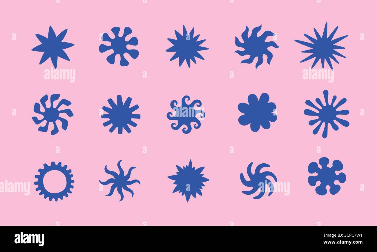 Icona del sole astratta, forma, simbolo, set di logo. Design sobrio e bohémien minimalista. Simpatici soli. Illustrazione Vettoriale