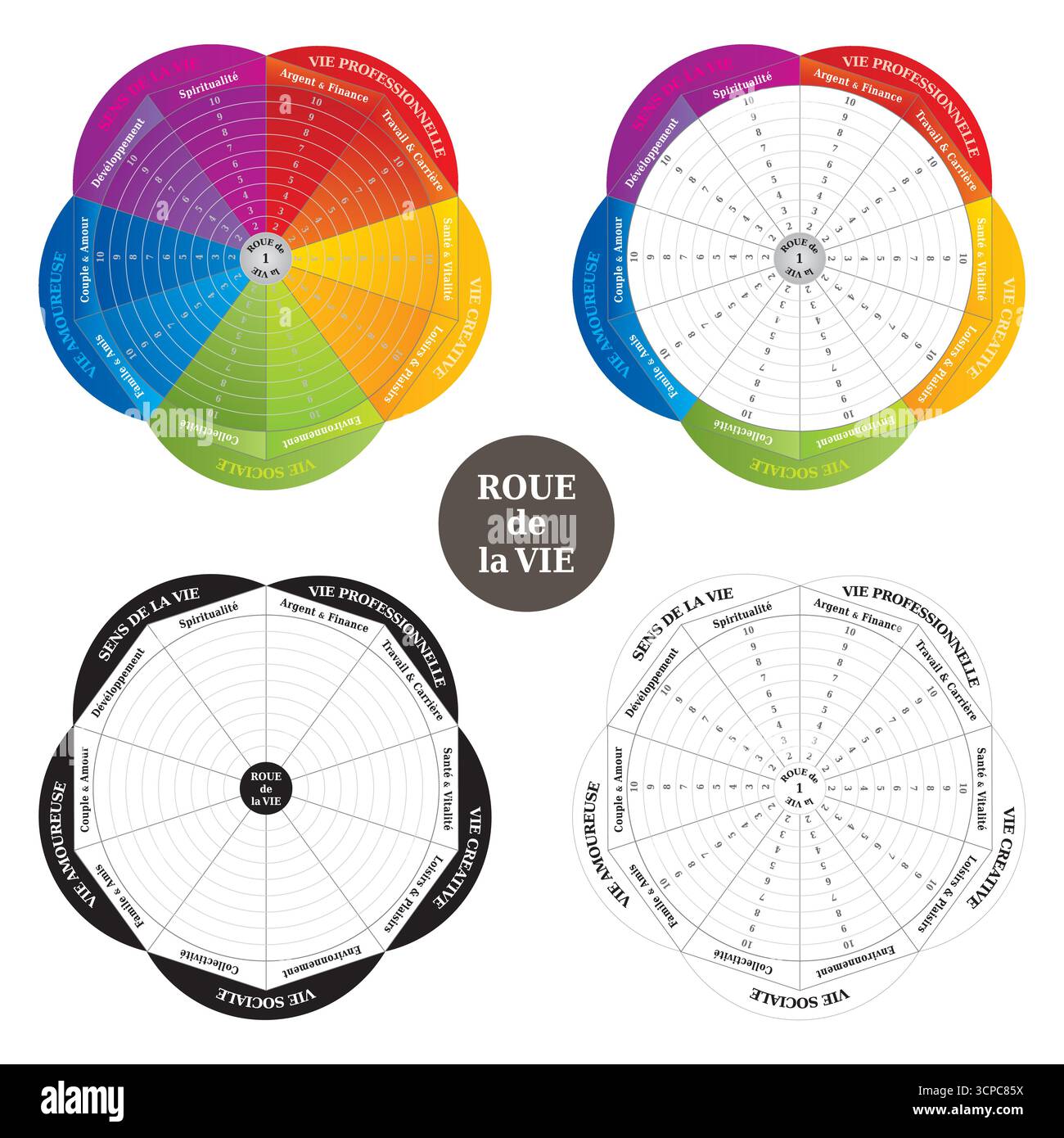 Set di 4 diagrammi - ruota della vita - Vector strumento di guida - francese Illustrazione Vettoriale