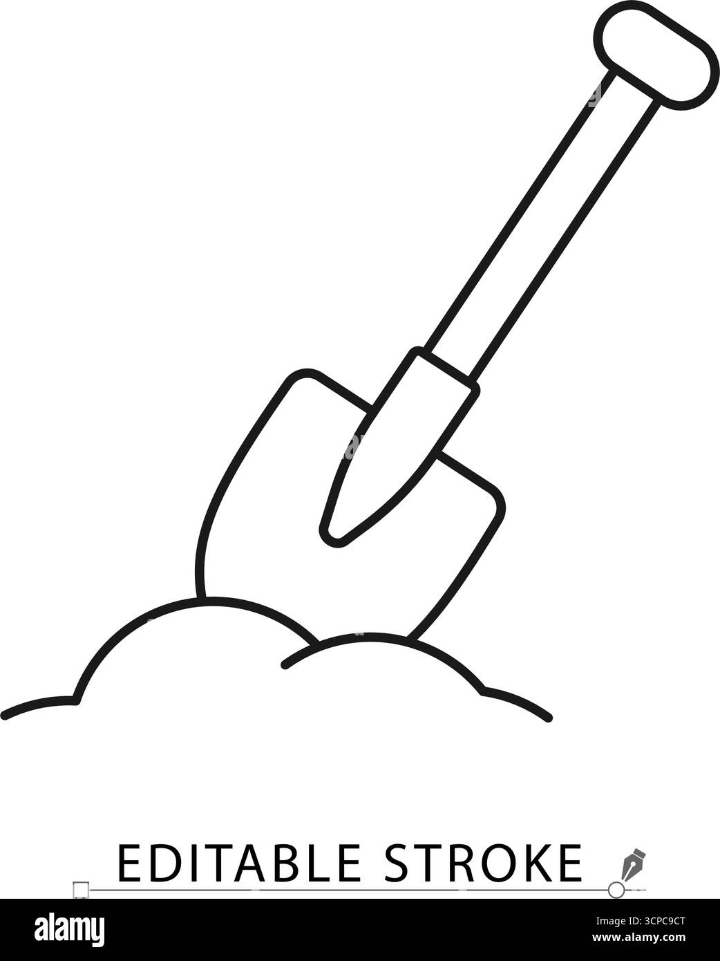 Una pala nell'icona del terreno in stile minimalista con corsa modificabile. Attrezzatura da giardinaggio, attrezzatura da scavo, simbolo lavori edili, agricoltura Illustrazione Vettoriale