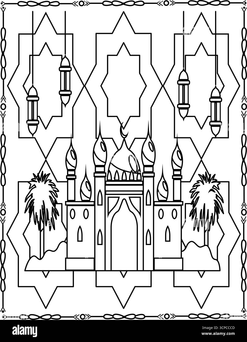 Pagina del libro da colorare Ramadan per bambini e adulti. Illustrazione Vettoriale