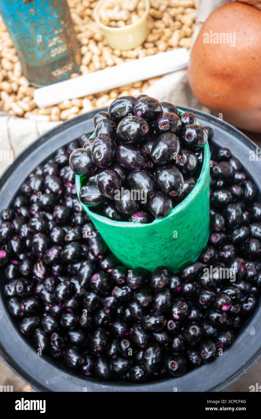 Una pila di duhat, o prugna di Giava, in un mercato di frutta locale a Cebu, nelle Filippine Foto Stock