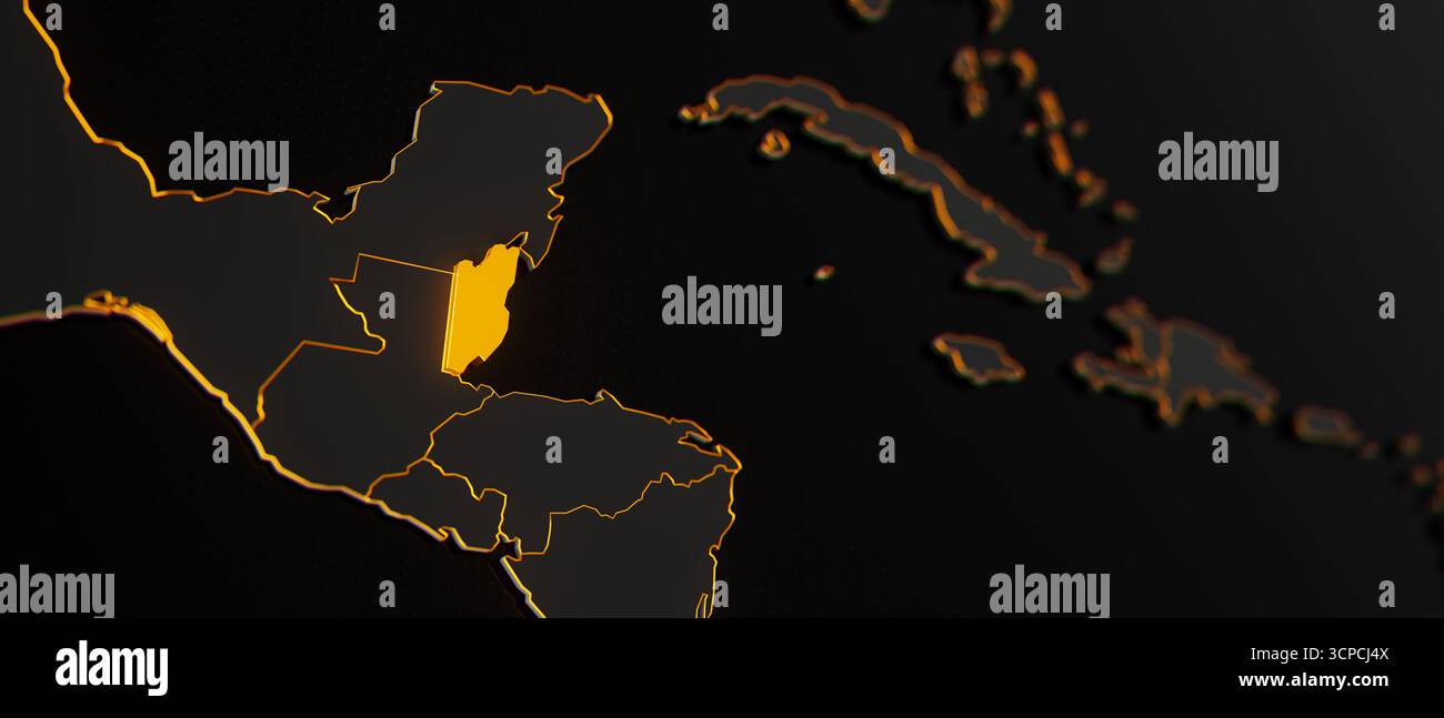 Mappa 3d del Belize dorata circondata da altri paesi in nero con bordi dorati e dof poco profondo. Mappa politica dell'America centrale con confini Foto Stock