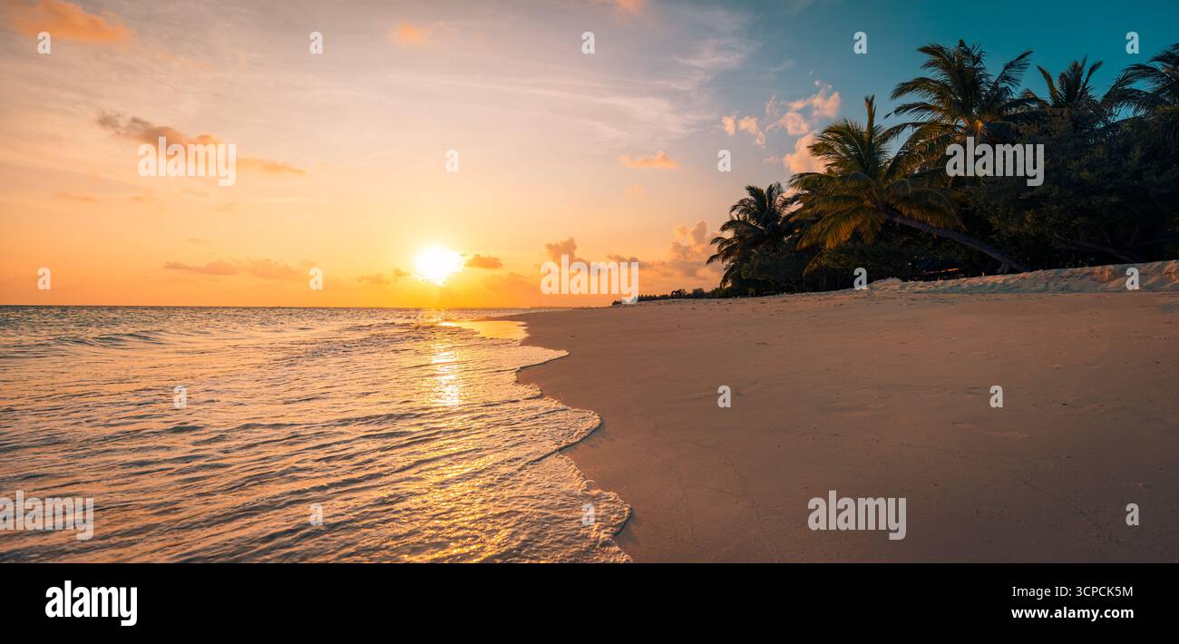 Tranquilla e tranquilla spiaggia al tramonto. Onde e sabbia soffice, profilo di palme. Mare calmo e colorato orizzonte del cielo. Vacanze estive relax e natura Foto Stock