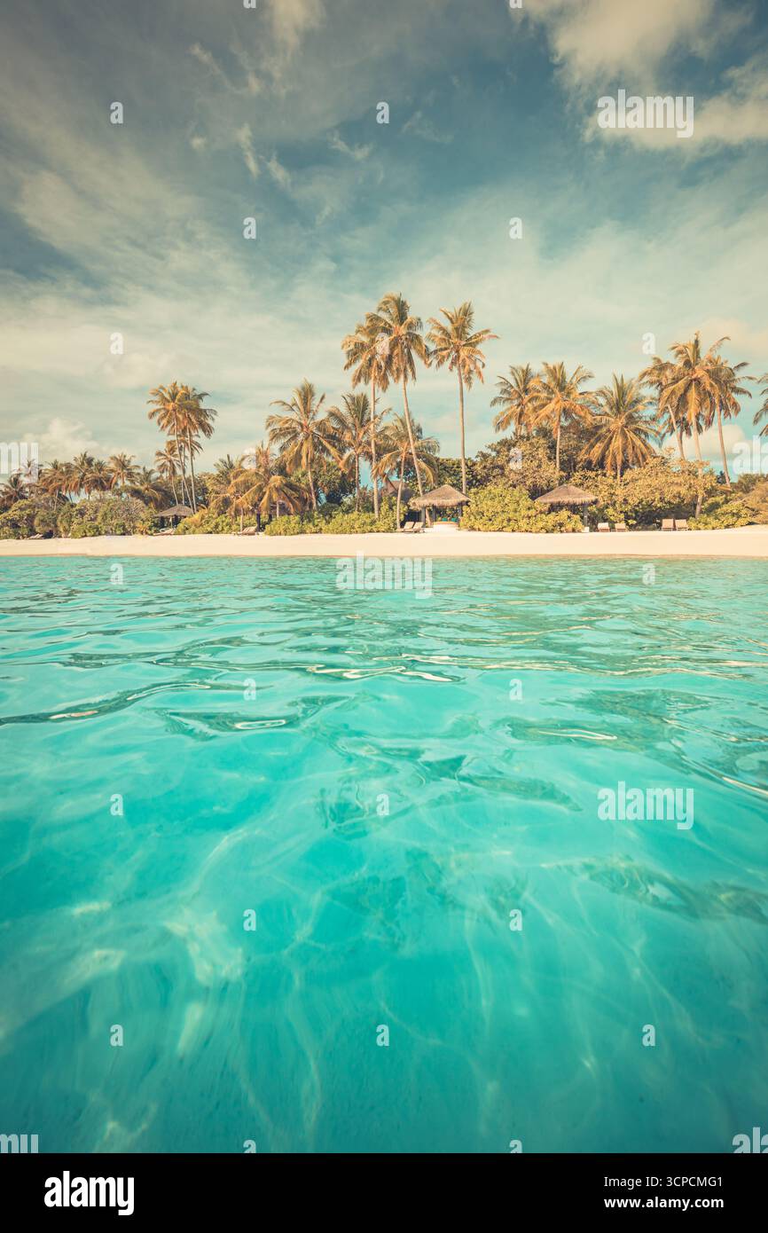 Pittoresca arte di parete verticale sulla spiaggia estiva in stile vintage. Mare calmo, palme, sole e cielo blu. Tranquillo paesaggio turistico per un design tranquillo Foto Stock