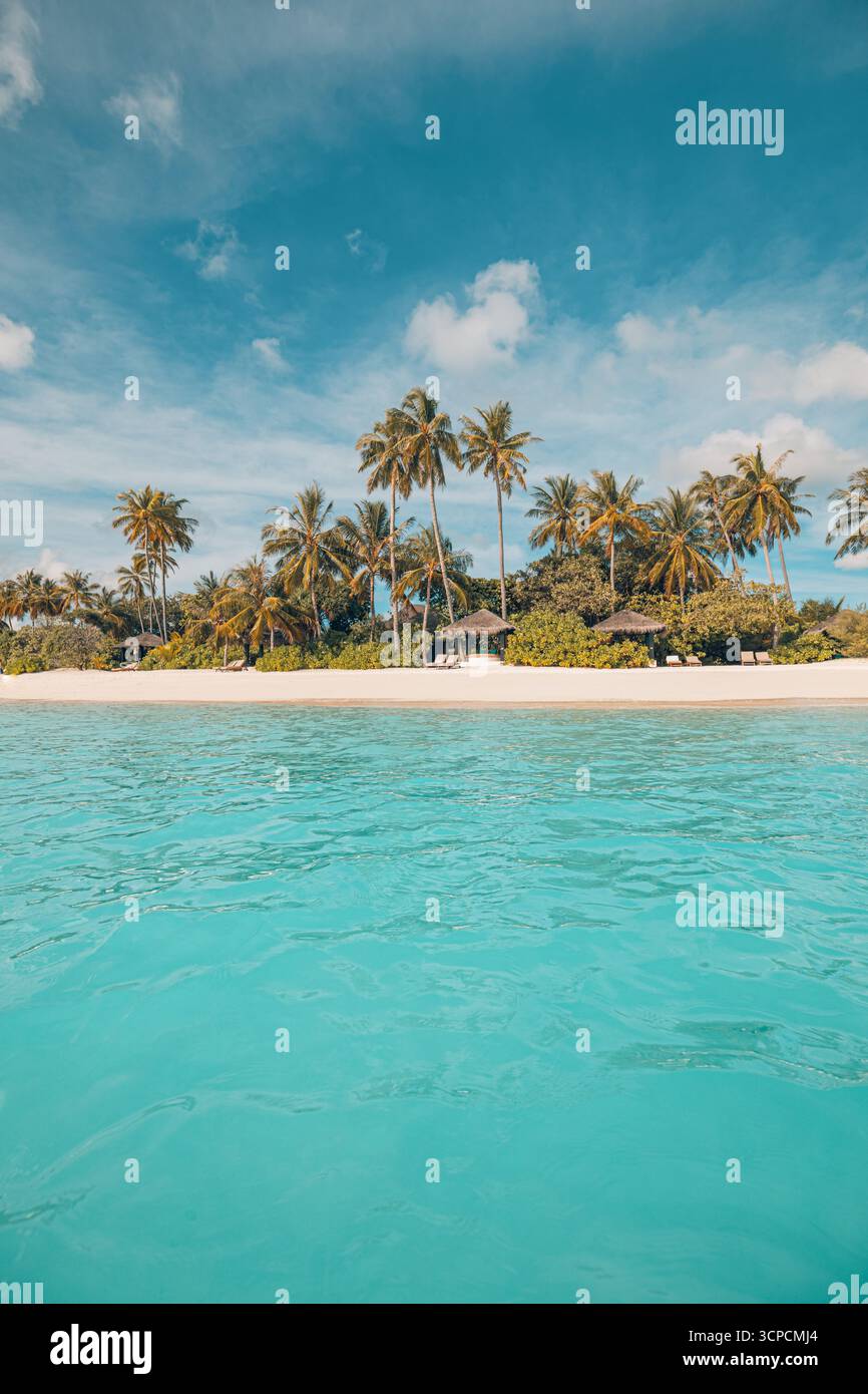 Pittoresca arte di parete verticale sulla spiaggia estiva in stile vintage. Mare calmo, palme, sole e cielo blu. Tranquillo paesaggio turistico per un design tranquillo Foto Stock