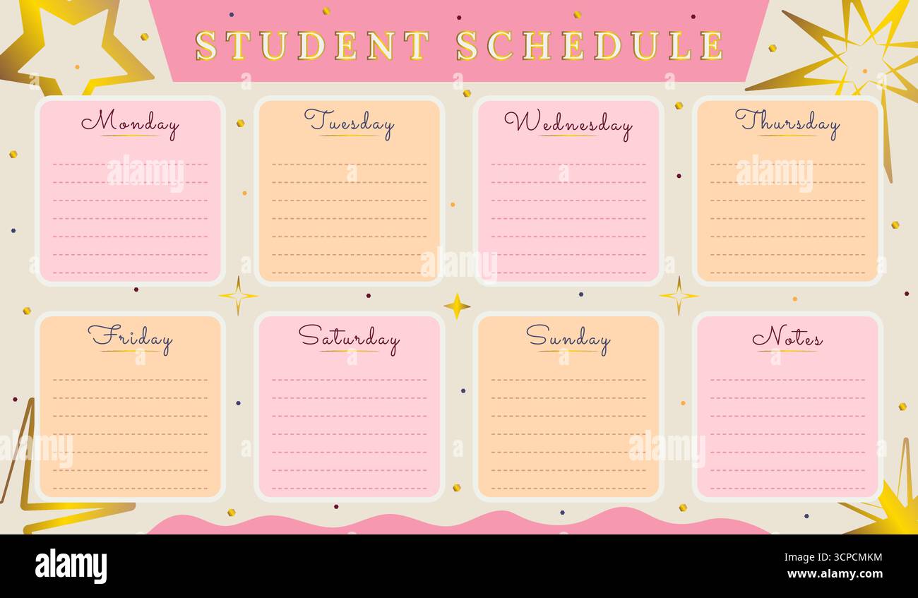 Modello di pianificazione degli studenti vettoriali nei colori rosa, oro e arancione. Orari per gli studenti, design elegante e di lusso, pianificatore di lezioni settimanale premium Illustrazione Vettoriale