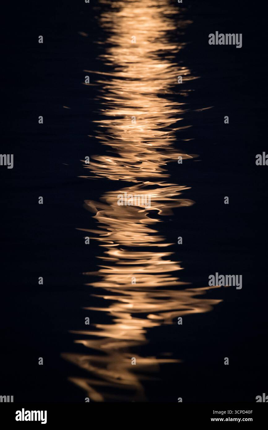 Riflesso astratto della luce della luna piena sulle onde del mare Foto Stock