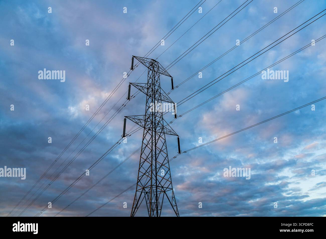 Pilone elettrico del Regno Unito al tramonto, linee elettriche ad alta tensione che fanno parte di una moderna infrastruttura elettrica la sera Foto Stock