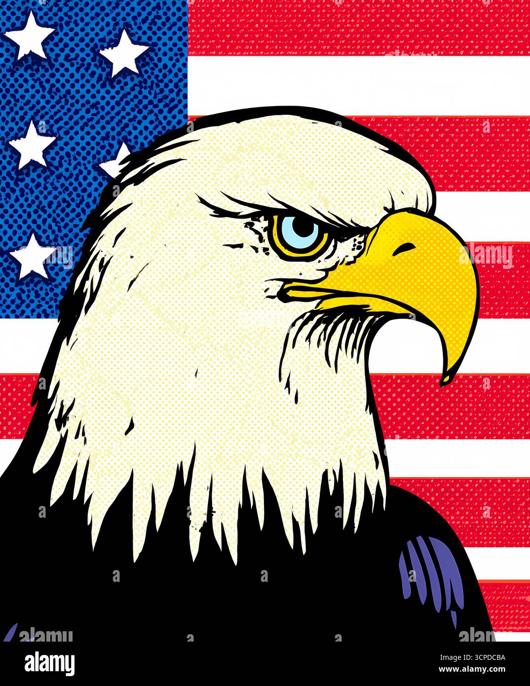 Ritratto patriottico dell'aquila sulla bandiera americana in stile pop art. Foto Stock