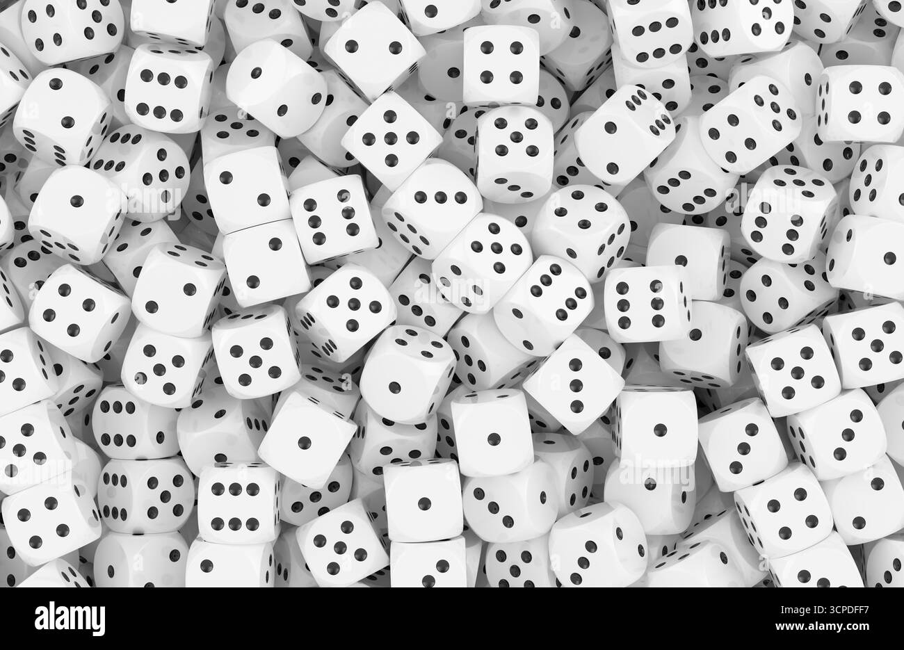 Pila di dadi bianchi con puntini neri, sfondo. Rendering 3D. Foto Stock