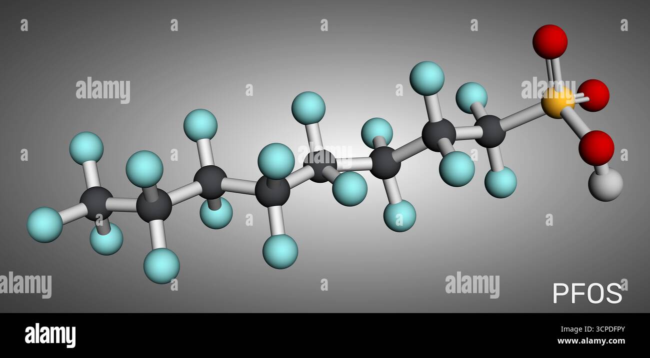 Molecola PFOS. Acido perfluoroottansolfonico e perfluoroottano solfonato, inquinante PFAS e contaminante organico persistente. Modello molecolare. 3D rend Foto Stock