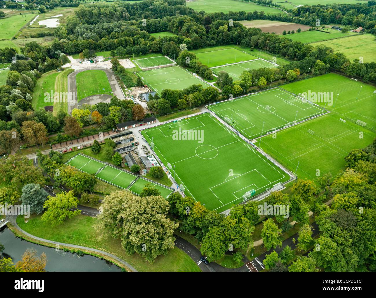Vasti campi da calcio verdi per sport amatoriali circondati da alberi lussureggianti in un'area parco Foto Stock