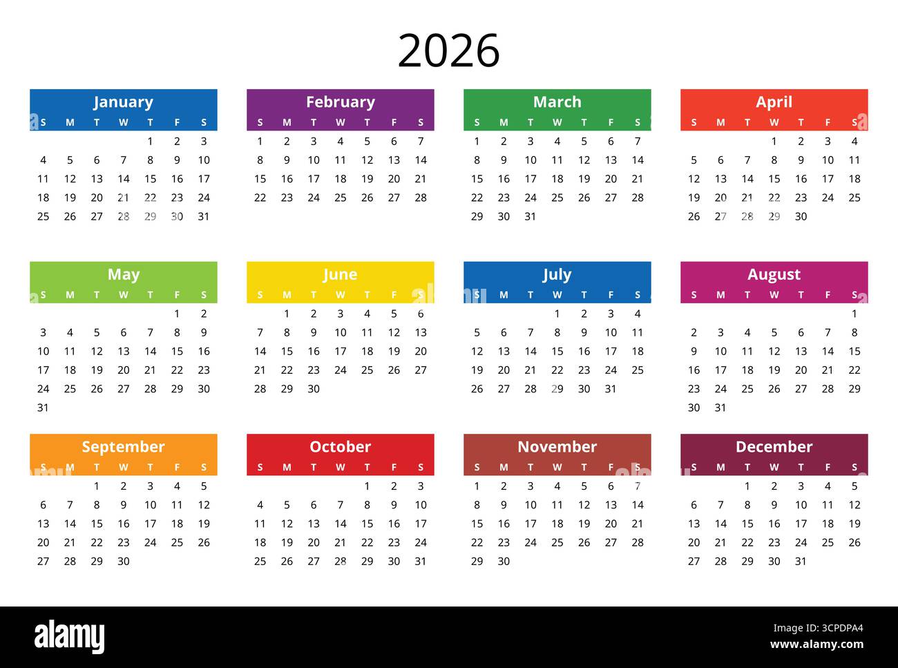 calendario a 2026 colori. Design dell'anno vettoriale inglese (la settimana inizia domenica) Illustrazione Vettoriale