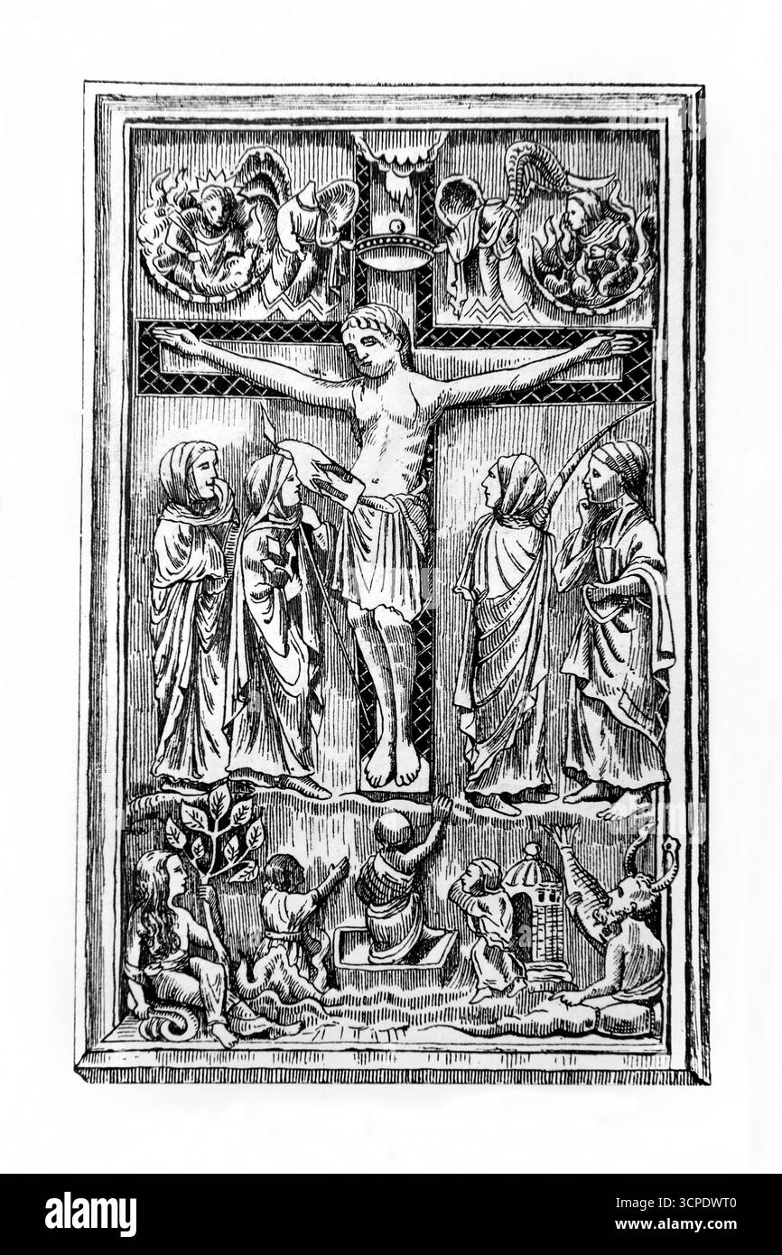 Il Cristo Trionfante, Reliquario d'Avorio del XIII secolo, proveniente da Tongren, Belgio, raffigura la Crocifissione di Gesù Cristo e la mano del padre Eterno Foto Stock