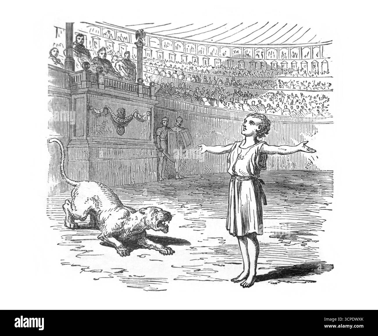 Illustrazione del giovane Martire che trova la forza di morire nell'arena pregando con le braccia allungate come Gesù Cristo di J.Karst da un editoriale del 1902 Foto Stock