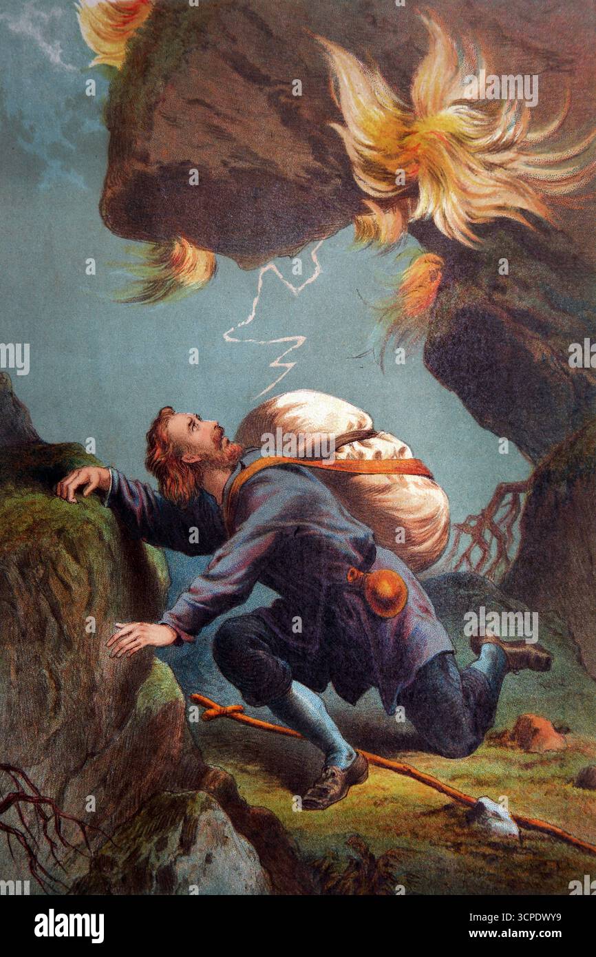 Illustrazione del personaggio Christian sotto il Monte Sinai da il pellegrinaggio di John Bunyan Foto Stock