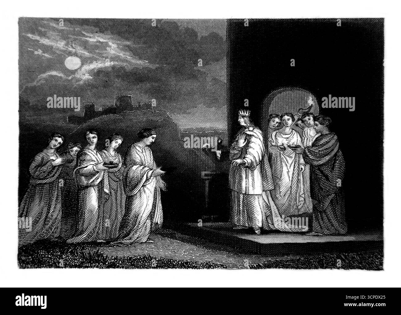 Incisione ottocentesca (1851) delle dieci Vergini che uscivano per incontrare lo sposo 5 erano saggi 5 erano sciocchi, i saggi prendevano le loro lampade e l'olio, Th Foto Stock