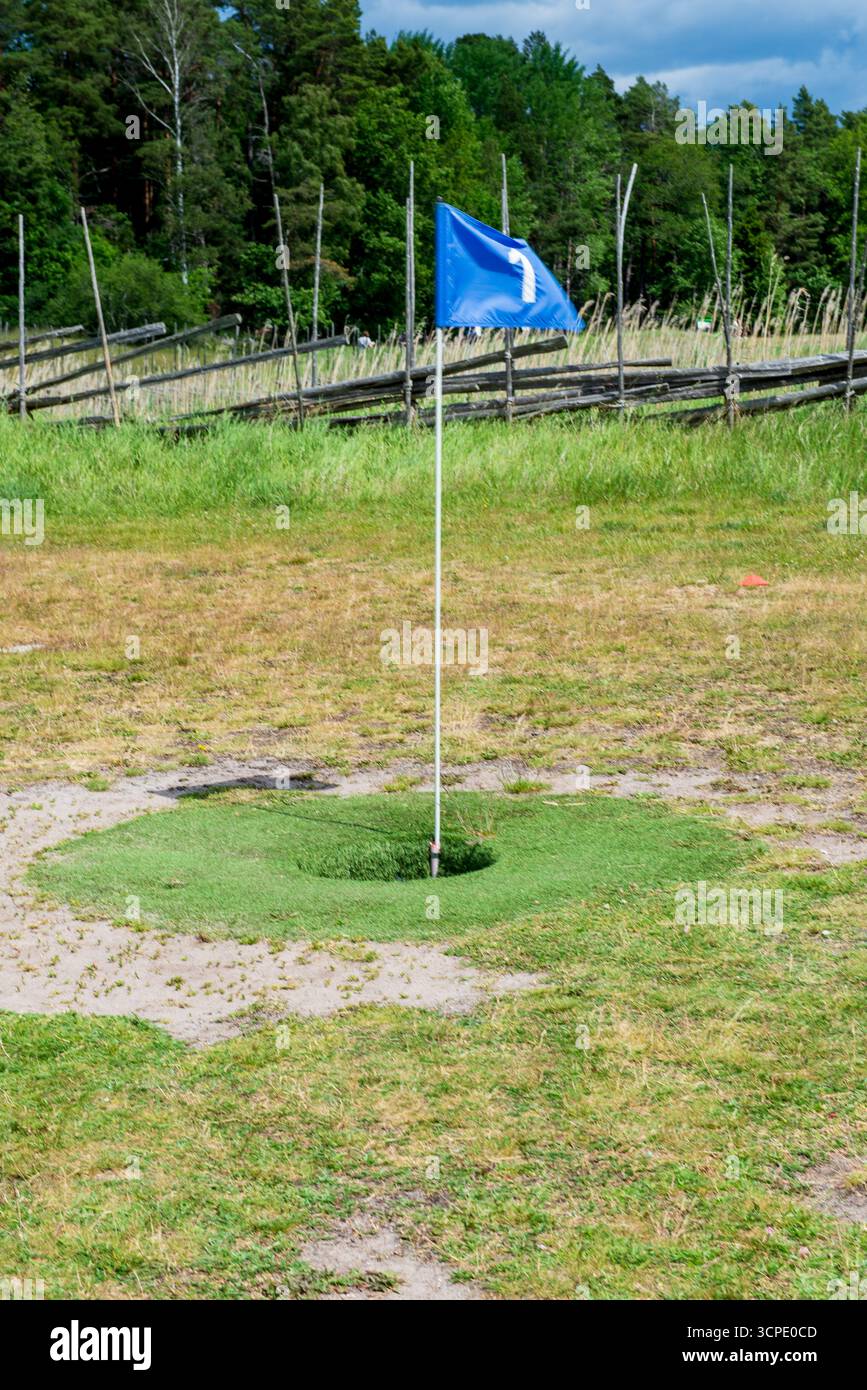 Campo da Footgolf con bandiera blu su un campo erboso, che combina calcio e golf in una divertente attività sportiva all'aperto. Foto Stock