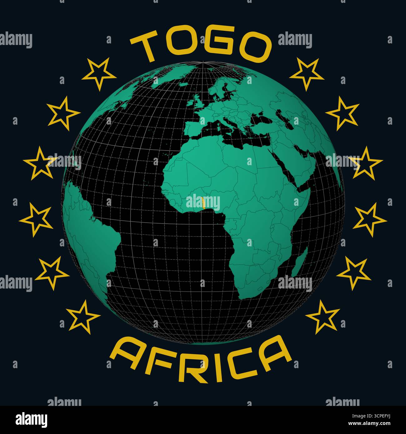 Repubblica del Togolese su Globe. Arrotondare il testo del nome del paese e del continente. Vista paese sulla mappa del mondo con tavolozza dei colori Black Emerald. Forma del Togo sulla mappa. Illustrazione Vettoriale
