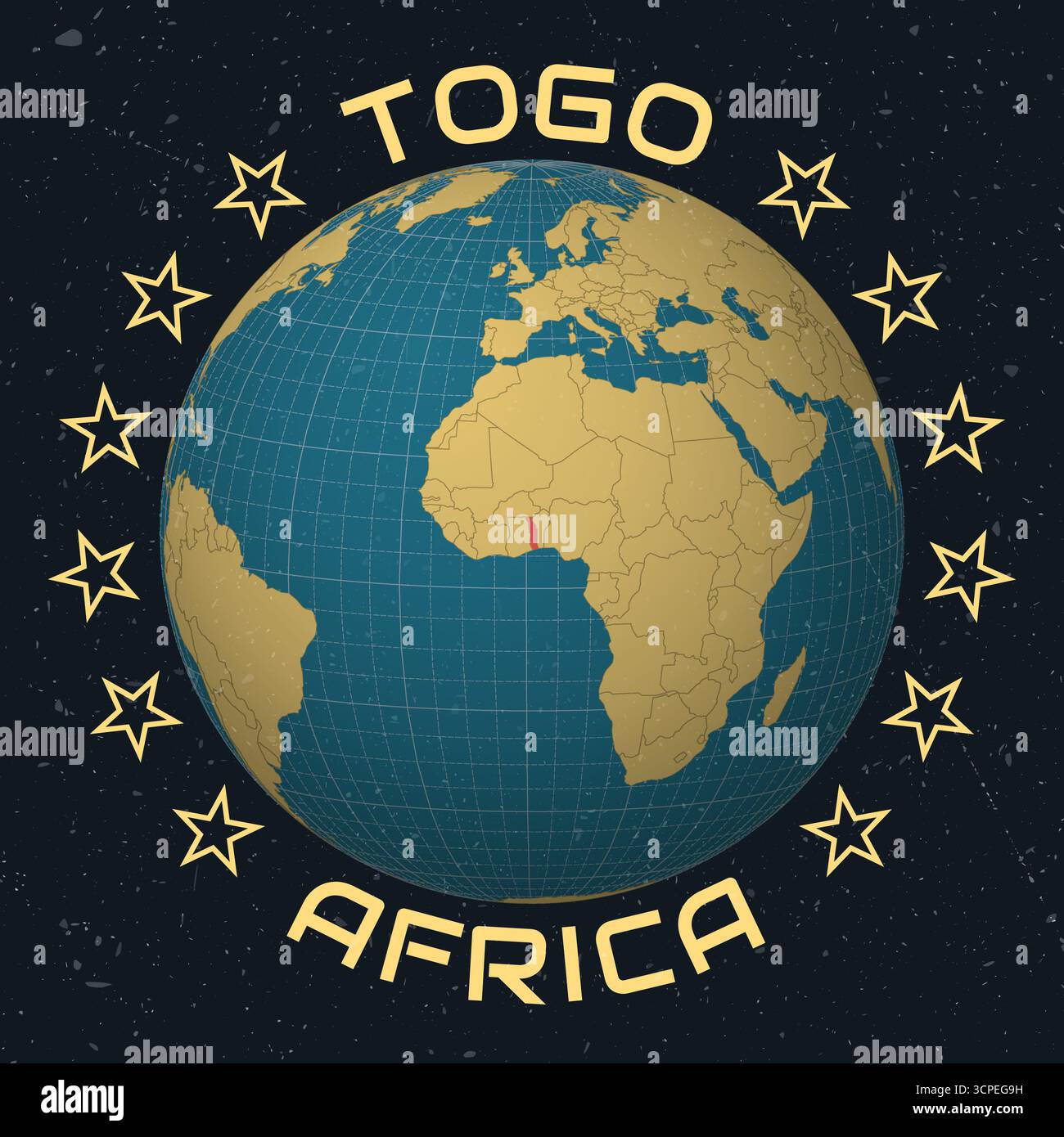 Repubblica del Togolese su Globe. Nome del paese nel testo rotondo. Look vintage con texture graffiata graffiata. Illustrazione Vettoriale