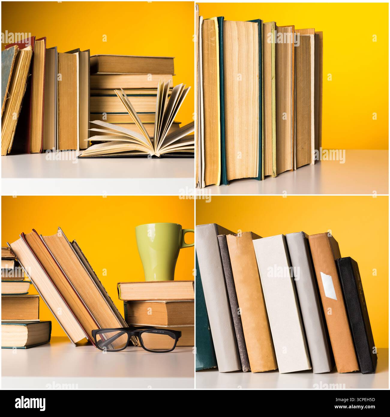 Libri e una tazza verde disposti su un tavolo su uno sfondo giallo brillante Foto Stock