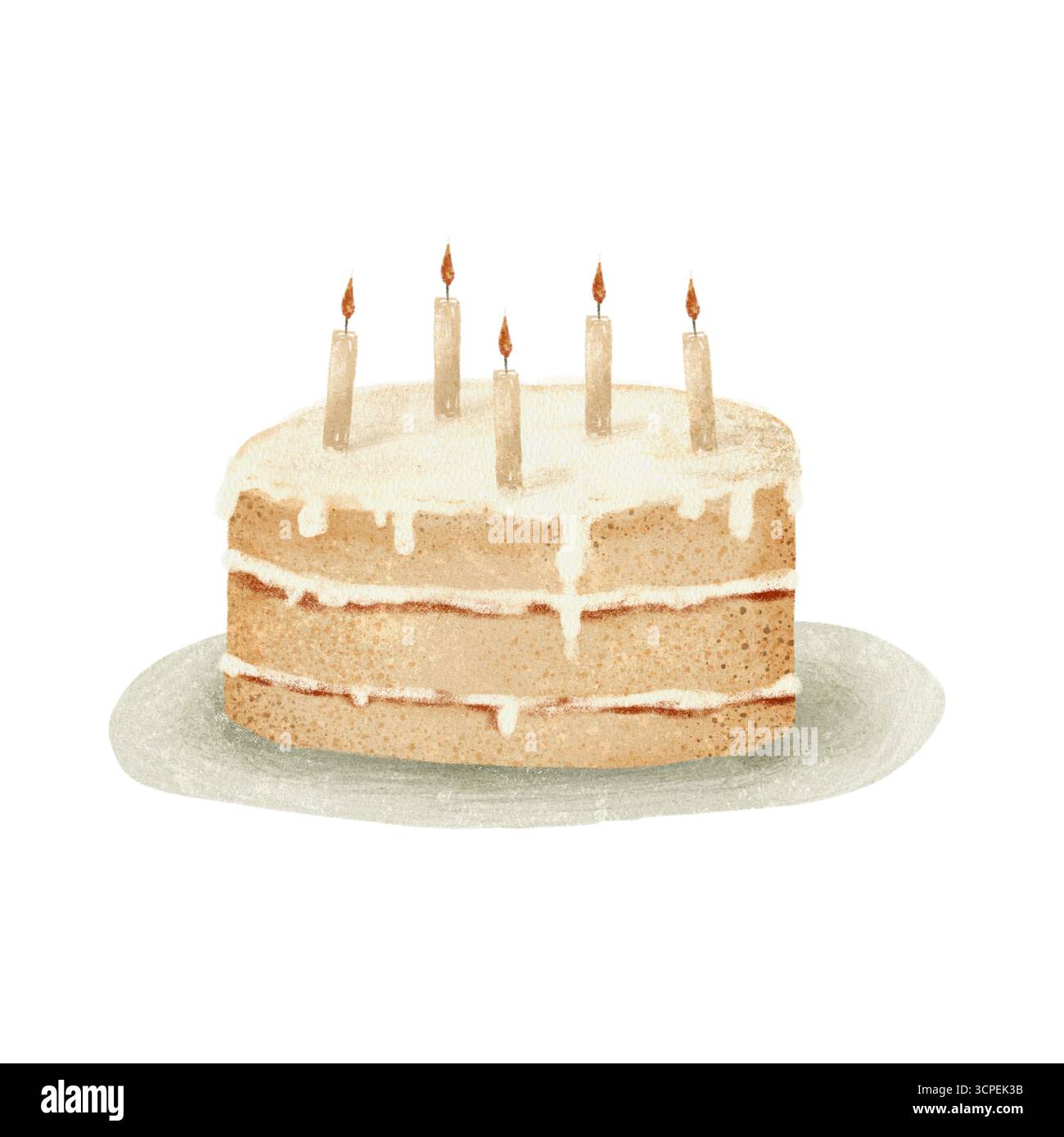 Un'incredibile torta multistrato adornata da candele colorate, perfetta per tutte le celebrazioni e i compleanni, elemento di clip art isolato disegnato a mano Foto Stock