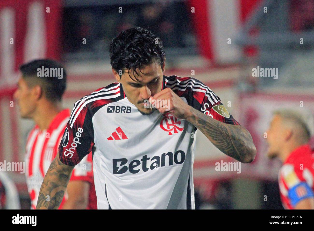 La Plata, Argentina. 25 settembre 2025. Pedro di Flamengo, durante la partita tra l'argentino Estudiantes de la Plata e il brasiliano Flamengo per i quarti di finale della Copa CONMEBOL Libertadores 2025, allo stadio Jorge Luis Hirschi, a Montevideo, Uruguay, il 25 settembre 2025. Foto: Piscina Pelaez Burga/DiaEsportivo/Alamy Live News crediti: DiaEsportivo/Alamy Live News Foto Stock