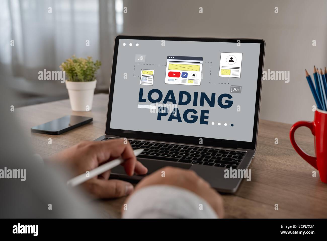 Ottimizzazione SEO del sito Web di landing page con imbuto di conversione, acquisizione di lead, progettazione UX e CTA sullo schermo del notebook; layout wireframe, moduli di contenuti, risoluzione Foto Stock