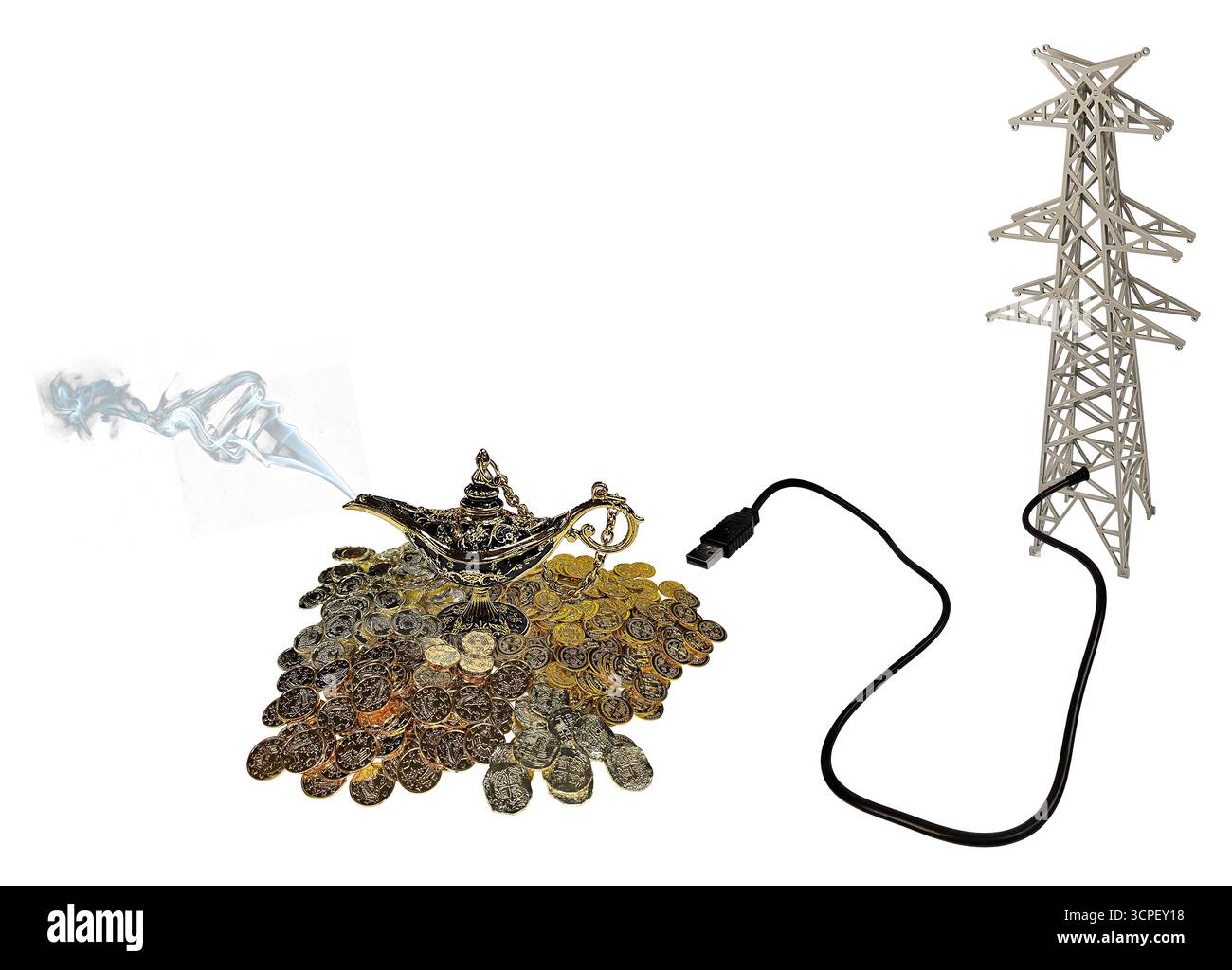 Fornire energia per alimentare i sogni mostrati da una pila d'oro e dalla lampada di Aladdin inserita in un palo Power Line Foto Stock