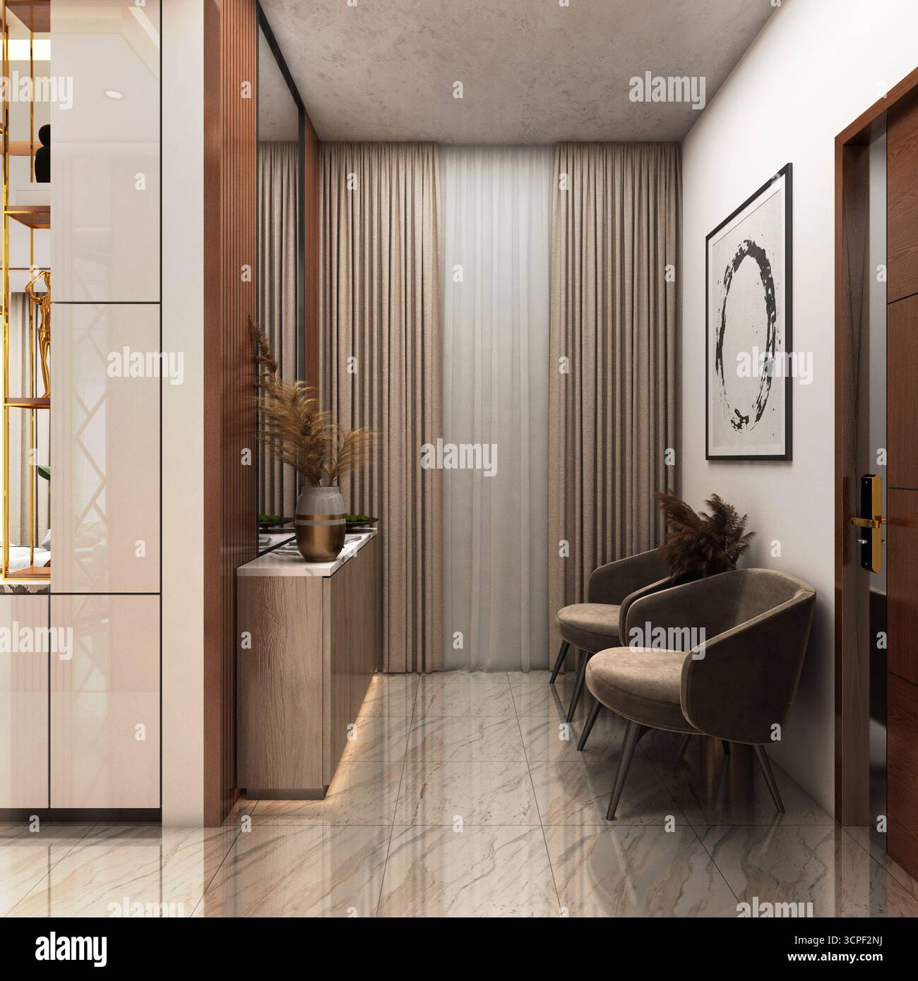 Accogliente ed elegante Home Foyer moderno con sedie in velluto | Serene Entryway Design con pavimento in marmo e accenti oro | interni residenziali Foto Stock