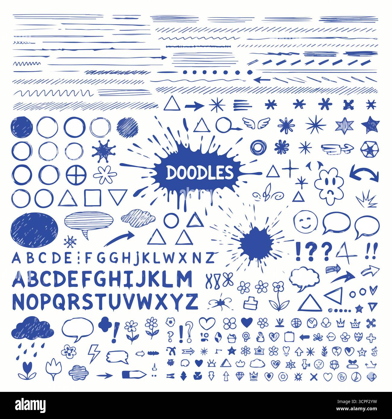 Il design del tabellone scolastico presenta scarabocchi per bambini e scarabocchi. Set grafico - frecce, cerchi, stelle, schizzo, evidenziatori, pennelli, scarabocchi e scarabocchi Illustrazione Vettoriale