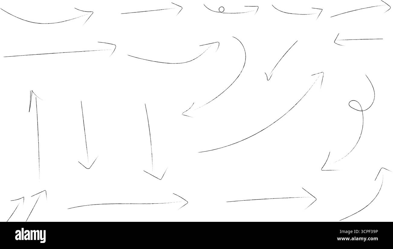 Set di frecce vettoriali curve e diritte disegnate a mano — frecce direzionali per la grafica della linea Illustrazione Vettoriale