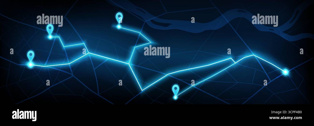 Rete GPS futuristica con mappa al neon e percorso blu per la tecnologia di navigazione. Vista dall'alto orizzontale con percorsi luminosi e spille di posizionamento. Interfaccia di wayfinding digitale per sistemi di tracciamento o logistici. Illustrazione Vettoriale
