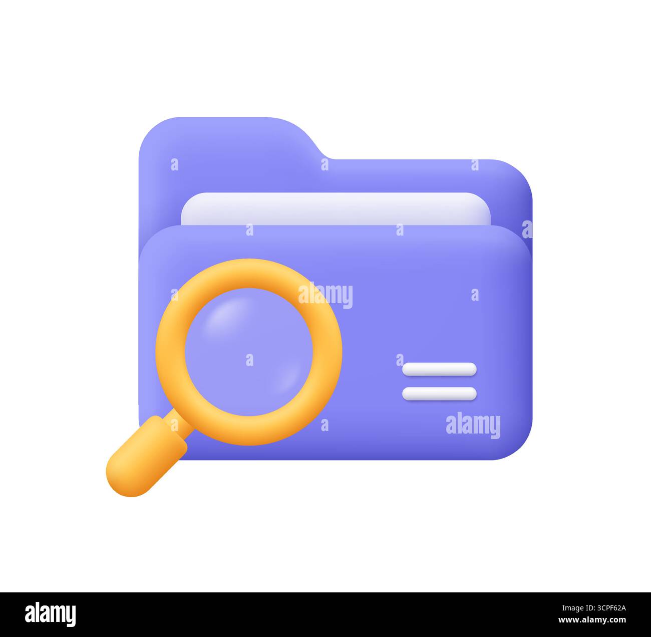 Cartella viola con lente di ingrandimento gialla. Business, ricerca di file, gestione dei documenti, analisi dei dati, archiviazione delle informazioni e concetto di archivio digitale Illustrazione Vettoriale