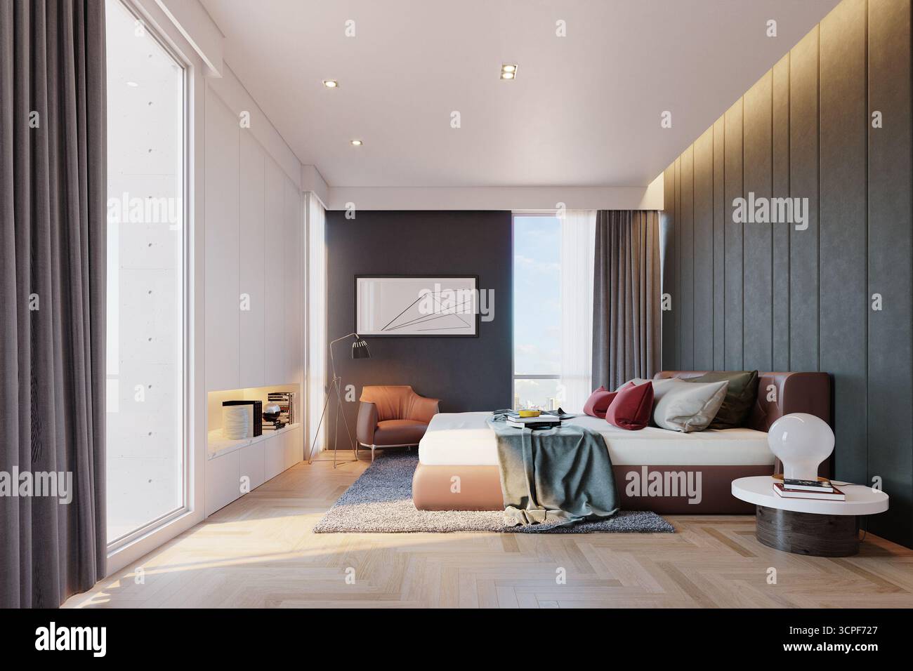 Camera da letto minimalista e tranquilla con design contemporaneo e grandi finestre Foto Stock