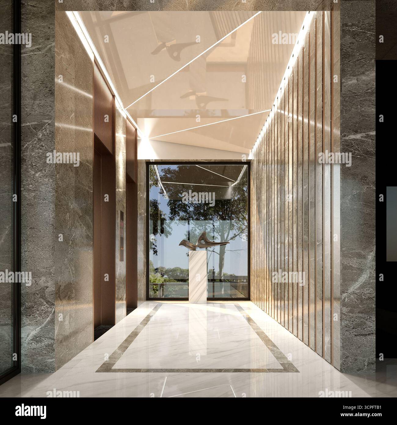 Suggestiva e moderna sala d'ingresso residenziale con illuminazione d'accento, pavimento in marmo e porta di vetro a tutta altezza Foto Stock