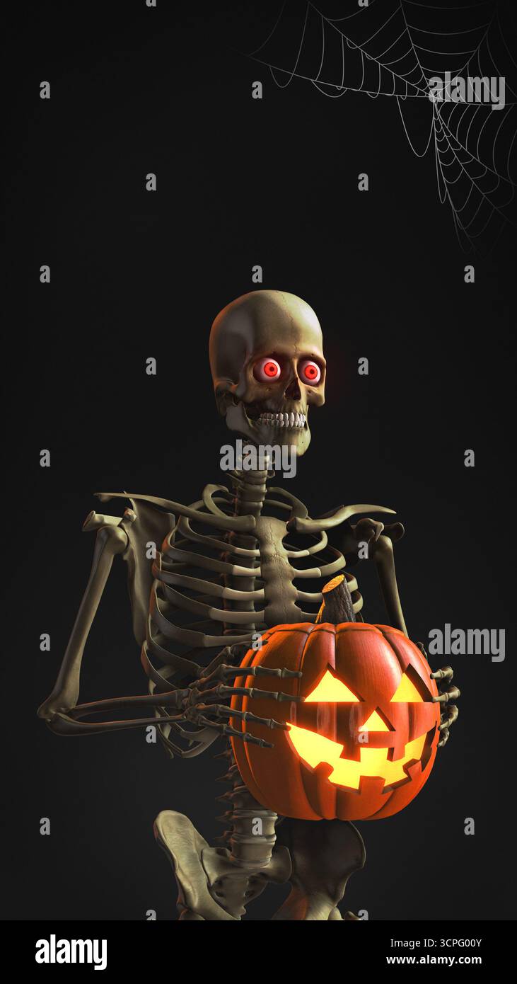 Scheletro spettrale che tiene in mano la zucca incandescente su sfondo scuro Foto Stock